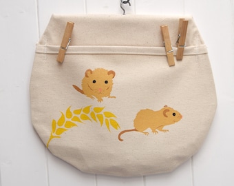 PearPrint peg bag in natural organic cotton with hedgehogs. Hedgehogs with ferns. Clothes pin bag.