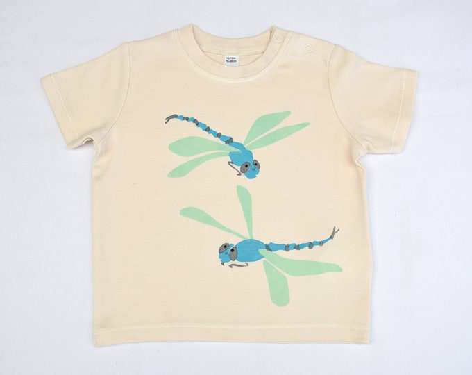 Dragonfly baby t-shirt in organic cotton. Baby boy or baby girl gift. Turquoise or emerald dragonflies