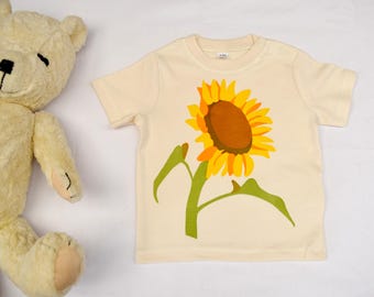 Camiseta orgánica para bebé: Girasol estampado a mano, algodón suave, fabricada en Gales