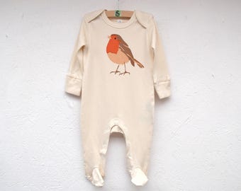 Tutina per neonati in cotone biologico con stampa a mano di un pettirosso: regalo per neonati