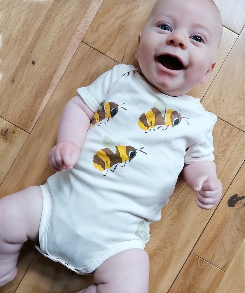 Pear Print baby bodysuit in organic cotton with bees. Save the Bees. Baby one-piece. Baby boy or baby girl gift. Bumble bees. image 1