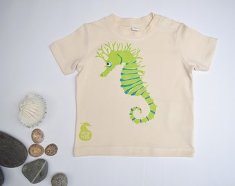 Camiseta de bebé/niño pequeño con caballito de mar. Caballito de mar verde chartreuse.