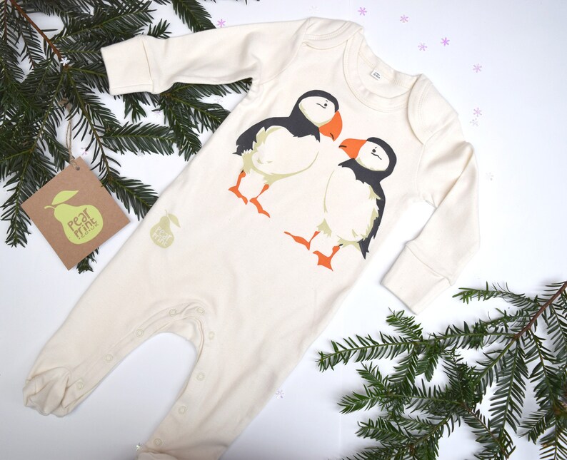 Organic cotton baby sleepsuit with puffins Pyjamas Baby boy or baby girl gift. Baby grow