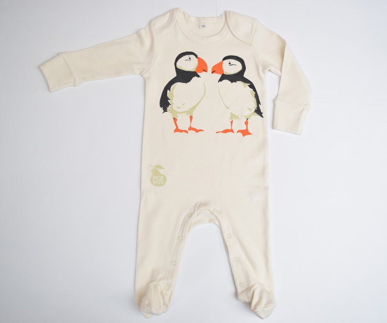 Organic cotton baby sleepsuit with puffins Pyjamas Baby boy or baby girl gift. Baby grow