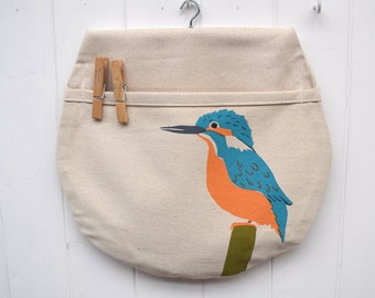 PearPrint peg bag in natural organic cotton with a kingfisher. Clothes pin bag.