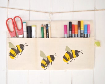 Hanging storage bag in organic cotton with bumble bees. Save the bees! Desk tidy.