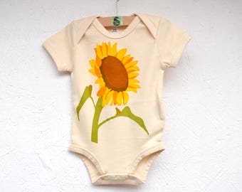 Body orgánico para bebé: diseño de girasol estampado a mano, regalo unisex ético