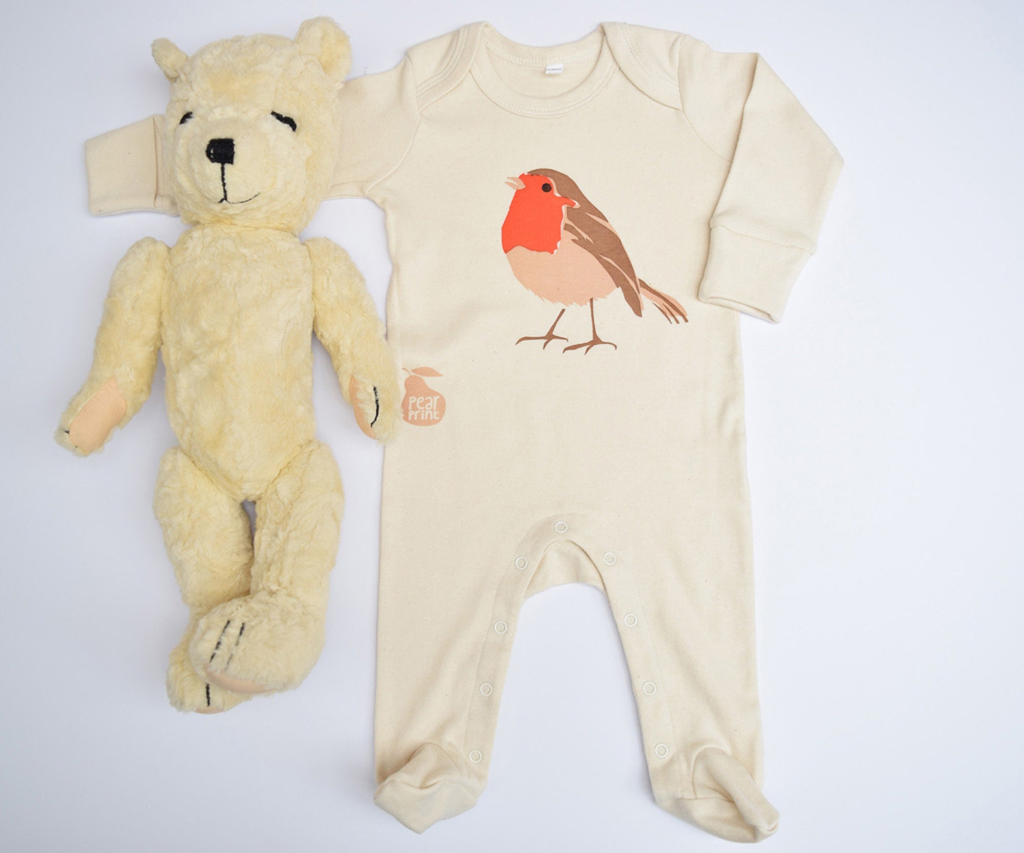 Organic Cotton Baby Sleepsuit With a Robin. Baby Grow. Pyjamas