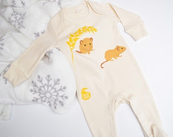 Organic cotton baby sleepsuit with two dormice. Baby grow. Pyjamas. Baby boy or baby girl gift.