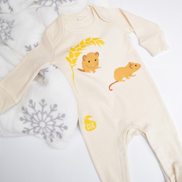 Organic cotton baby sleepsuit with two dormice. Baby grow. Pyjamas. Baby boy or baby girl gift.