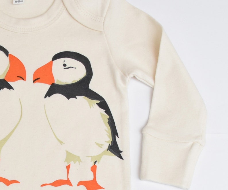 Organic cotton baby sleepsuit with puffins Pyjamas Baby boy or baby girl gift. Baby grow