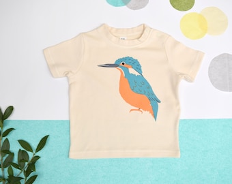 Camiseta de bebé de algodón orgánico con estampado de martín pescador: Regalo de naturaleza