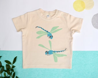 Camiseta de bebé de algodón orgánico: estampado de libélulas, regalo unisex.