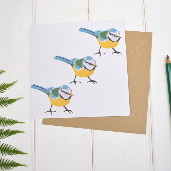 Bluetits greetings card. Three little birds card.