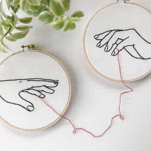 embroidery hoop art. embroidered. hand embroidery. modern embroidery. long distance relationship. long distance. red string of fate. image 1