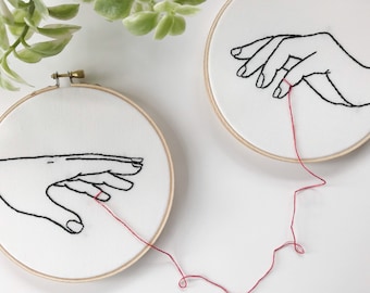embroidery hoop art. embroidered. hand embroidery. modern embroidery. long distance relationship. long distance. red string of fate.