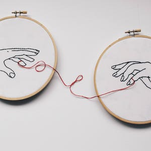 embroidery hoop art. embroidered. hand embroidery. modern embroidery. long distance relationship. long distance. red string of fate. image 7