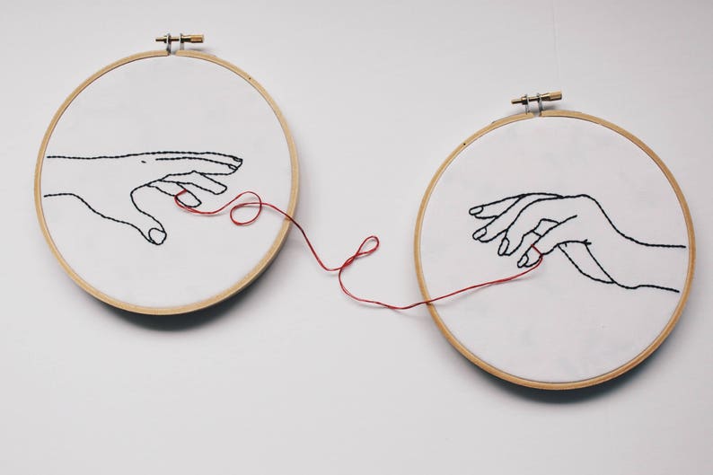 embroidery hoop art. embroidered. hand embroidery. modern embroidery. long distance relationship. long distance. red string of fate. image 7