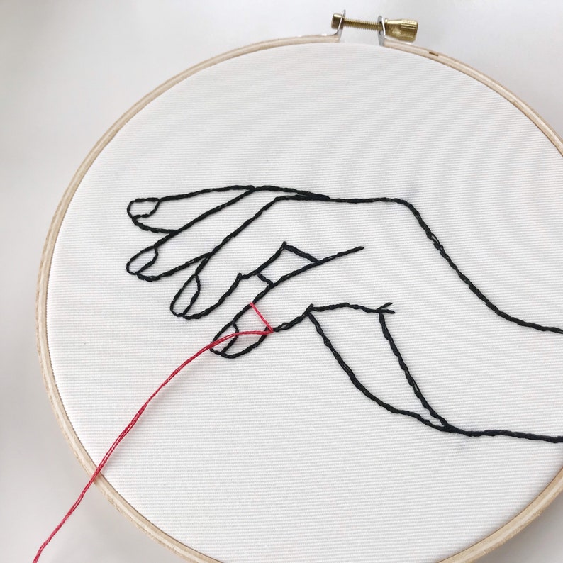 embroidery hoop art. embroidered. hand embroidery. modern embroidery. long distance relationship. long distance. red string of fate. image 2