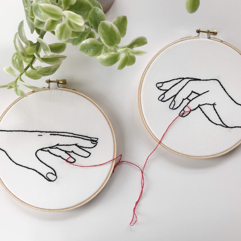 embroidery hoop art. embroidered. hand embroidery. modern embroidery. long distance relationship. long distance. red string of fate. image 4