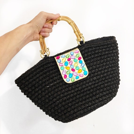 1990's Bamboo Top Handle Crochet Bag With Jeweled Gold Flap. - Etsy