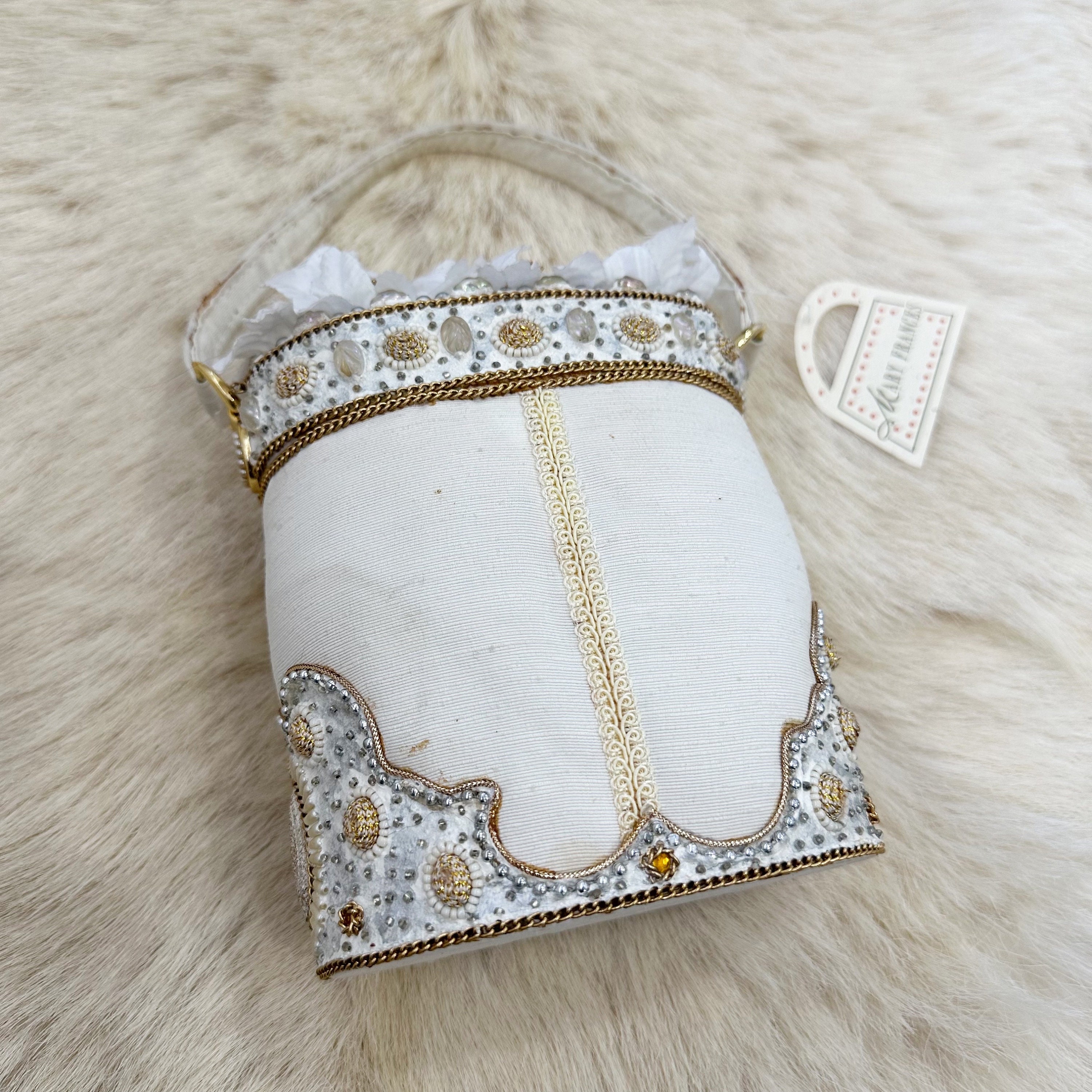 Ornate ivory butterfly Mary Francis top handle floral basket bag 
