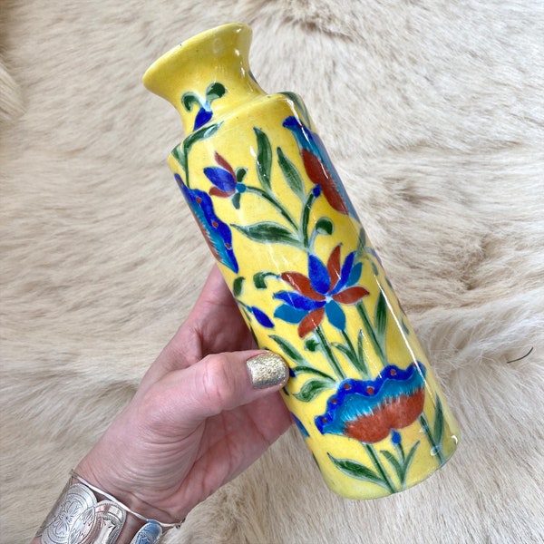 Colourful yellow floral ceramic Jaipur India vase.