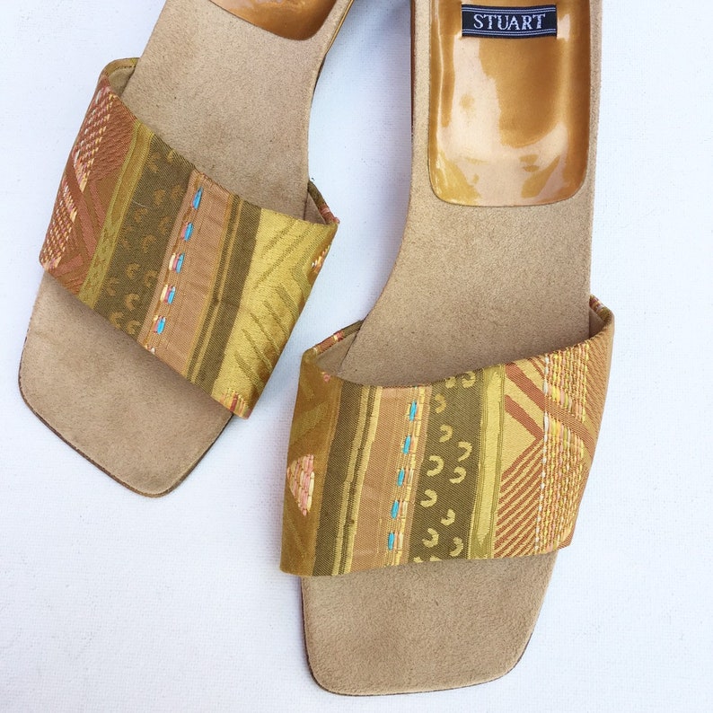 STUART brocade olive and mocha slides Size 8.