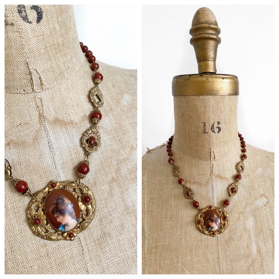 Antique Czech brass portrait necklace.