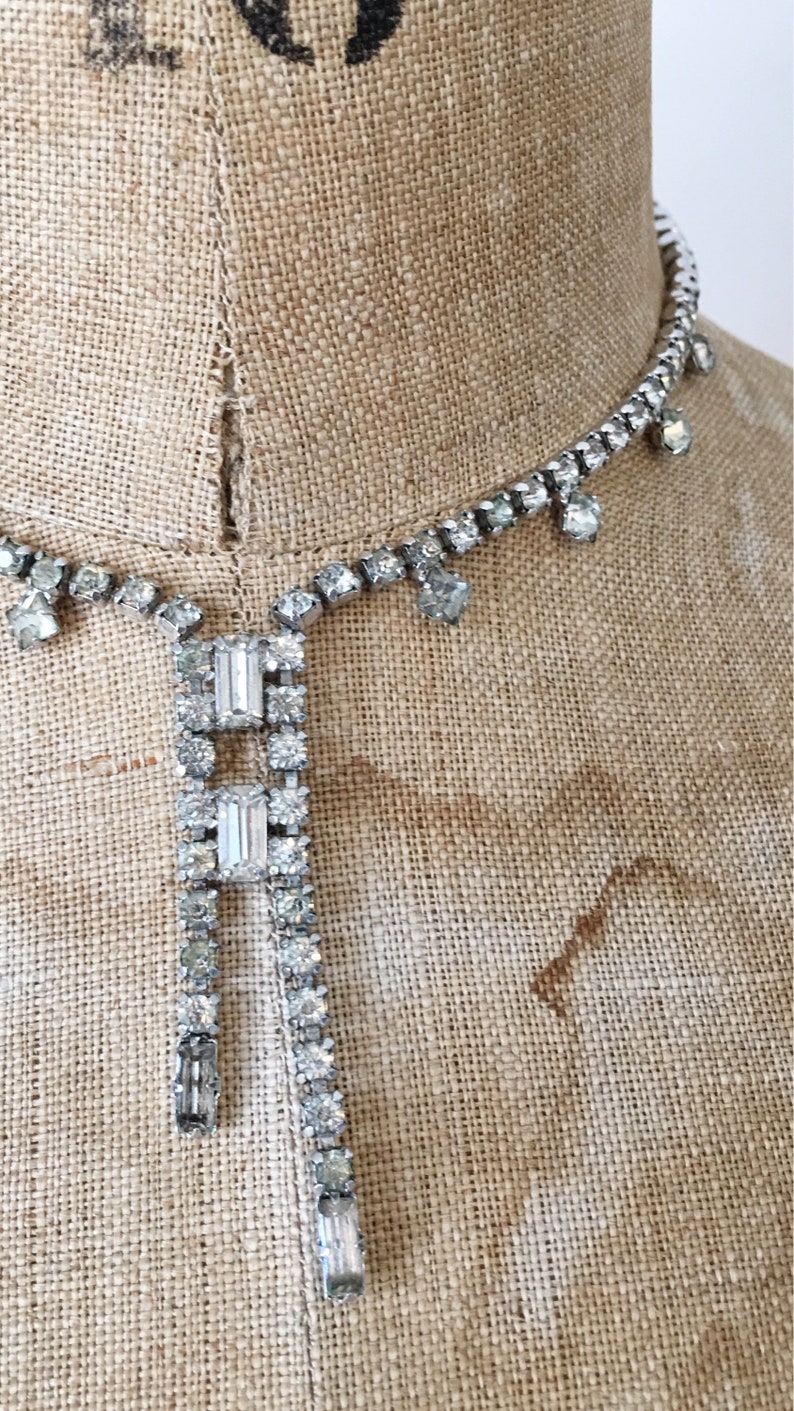 Midcentury rhinestone Y neckace vintage bridal jewelry.