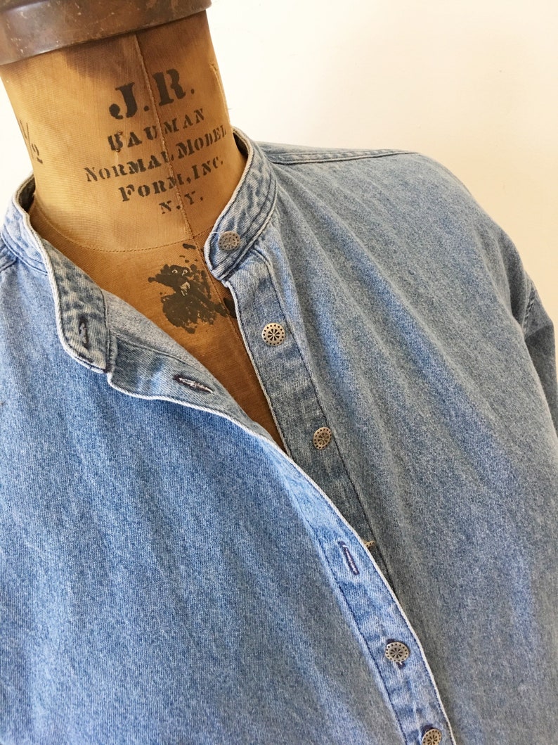 collarless jean blouse Classic denim shirt Size LXL.