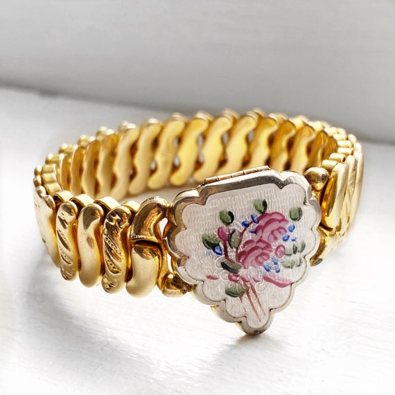 Antique guilloche heart locket expansion bracelet,