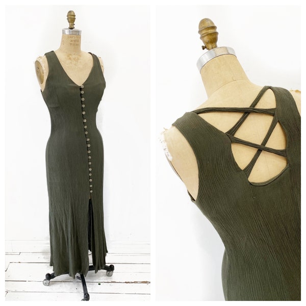 Olive crinkle rayon tank dress with criss cross back. Size S.