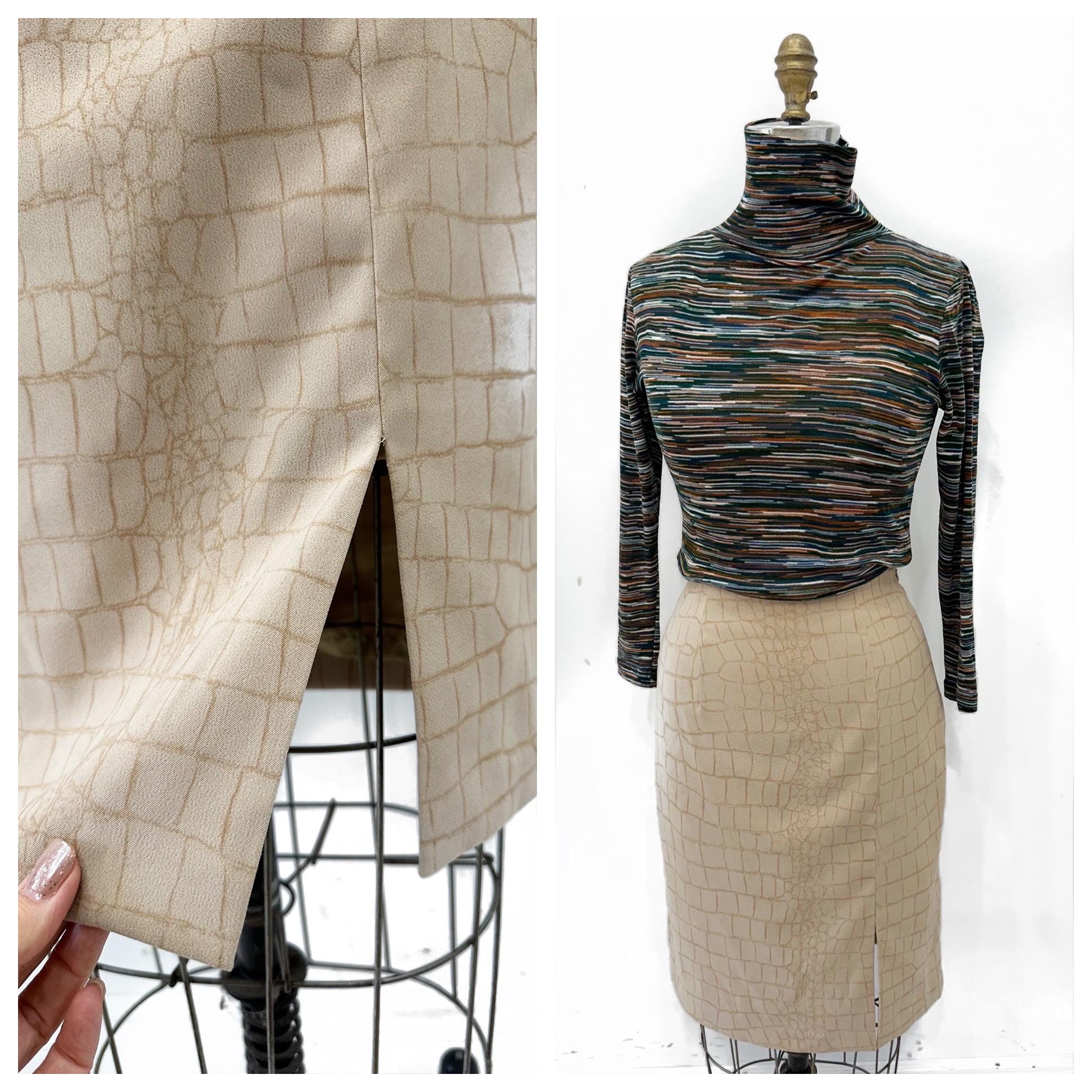Taupe Animal Print 1990's Minimalist Midi Skirt With a Side Front