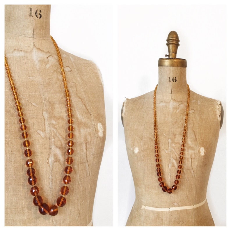 Art Deco hand knotted ombr\u00e9 amber Czech hand cut window pane crystal long necklace.