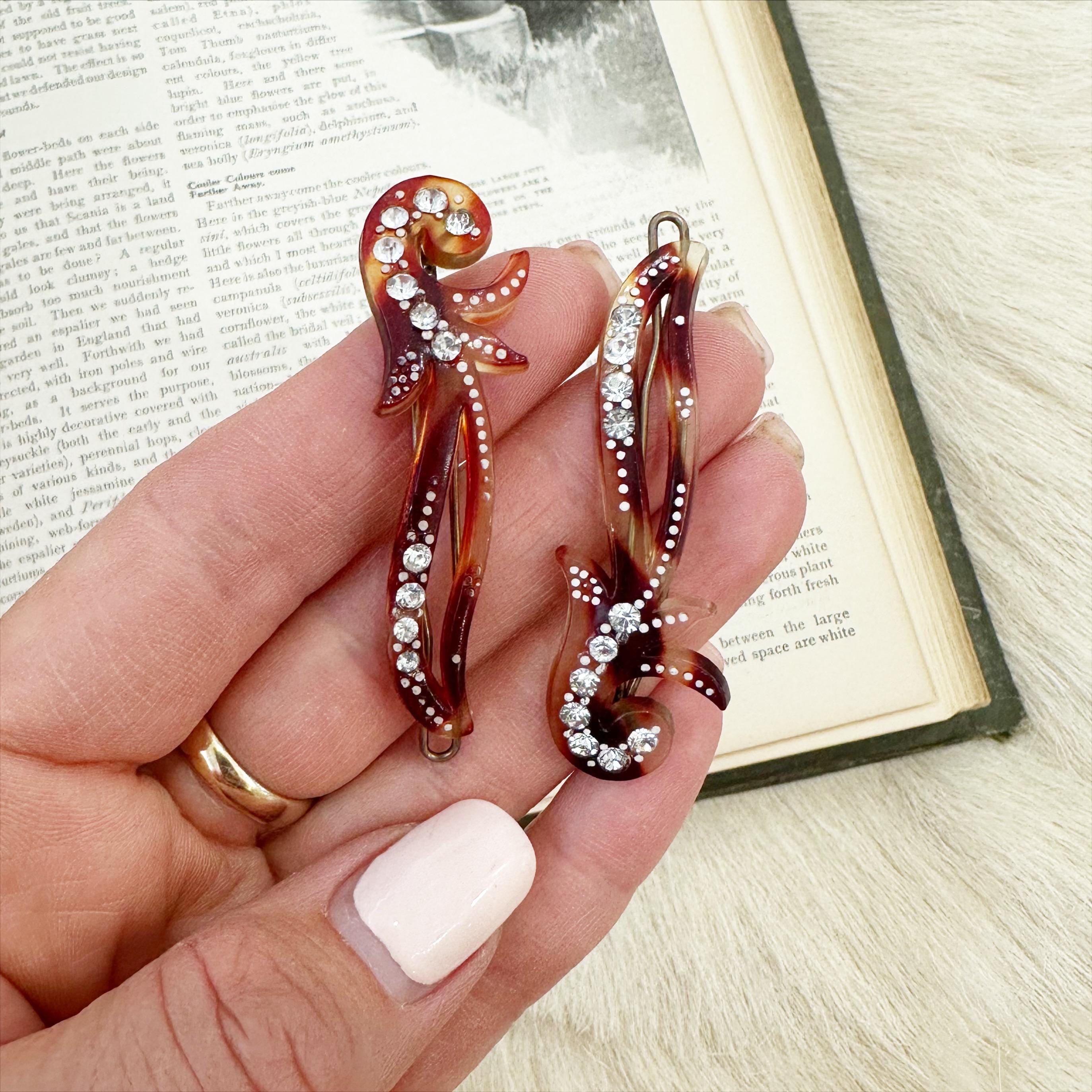 Antique Celluloid Faux Tortoise And Rhinestone Hair Clip (A8727) Art Deco Spanish Faux Tortoiseshell Celluloid Hair Comb with  main image 3