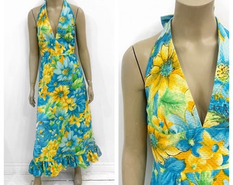 1960's bright green, blue and orange floral halter dress. Size M.