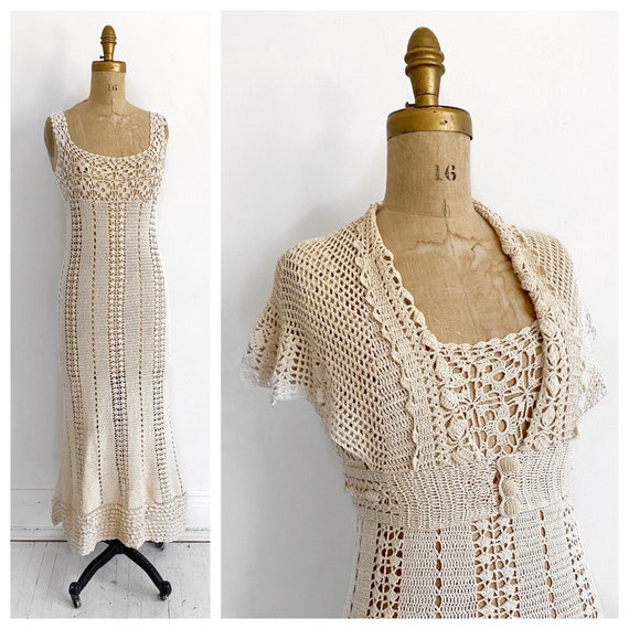 1930's cream crochet dress with matching bolero. S