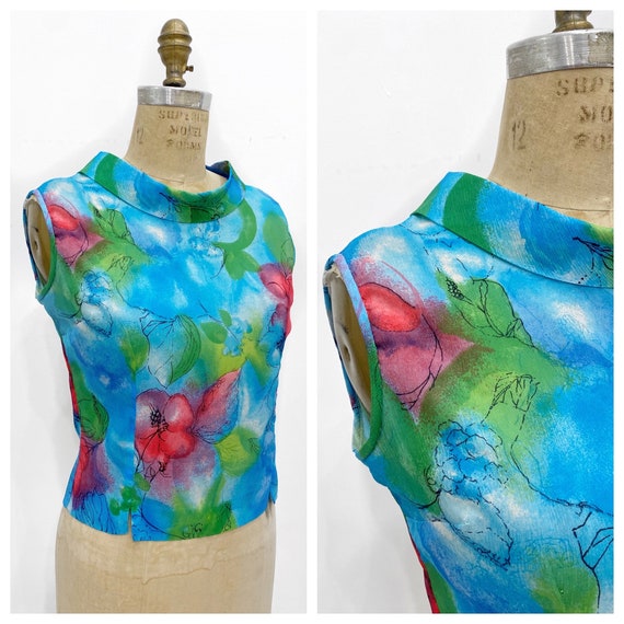 Bold colourful artistic floral 1960's sleeveless … - image 1