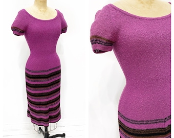 1970's Florentine Flowers plum purple knit drop waist dress with scoop neck and striped skirt. Size S.