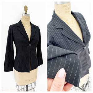 1990&#39;s black pinstripe open front lightweight blazer. Made in USA. Size M.