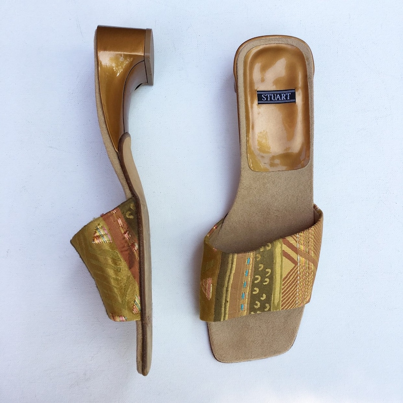 STUART brocade olive and mocha slides Size 8.
