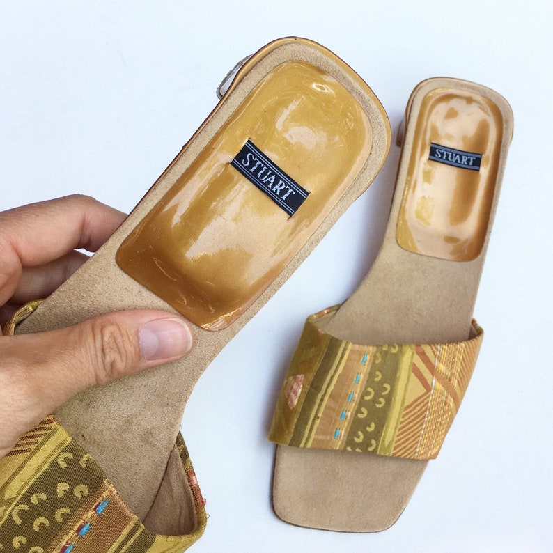 STUART brocade olive and mocha slides Size 8.
