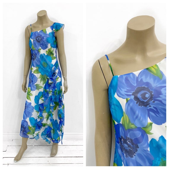 Y2K sheer blue floral asymmetrical ruffle dress. … - image 1