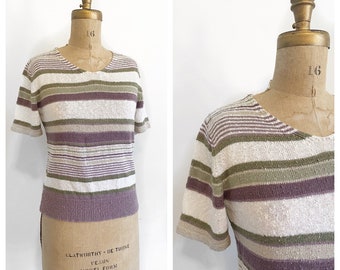 Olive and lavender nubbly striped short sleeve sweater. Size M.