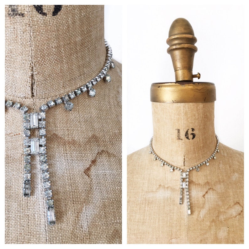Midcentury rhinestone Y neckace vintage bridal jewelry.