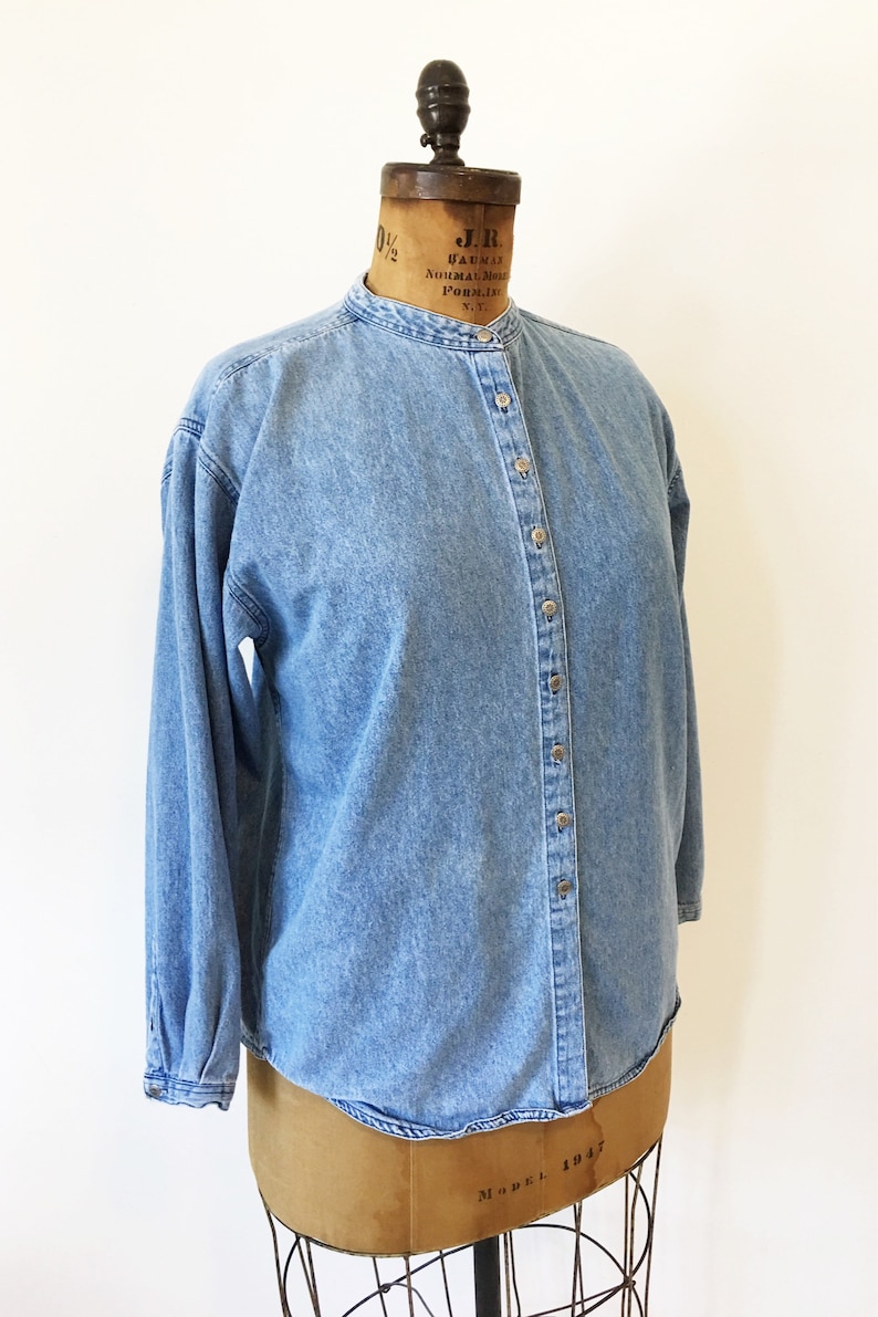collarless jean blouse Classic denim shirt Size LXL.