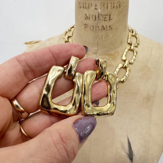 Chic gold rectangular chain link necklace and ear… - image 2