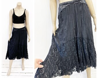 On-trend vintage black lace and crinkle boho midi skirt. Size XS-M.