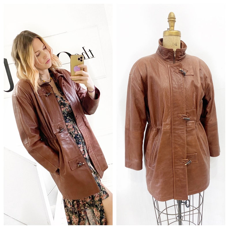 Made in Canada brown leather toggle duffle jacket. Size shops L.